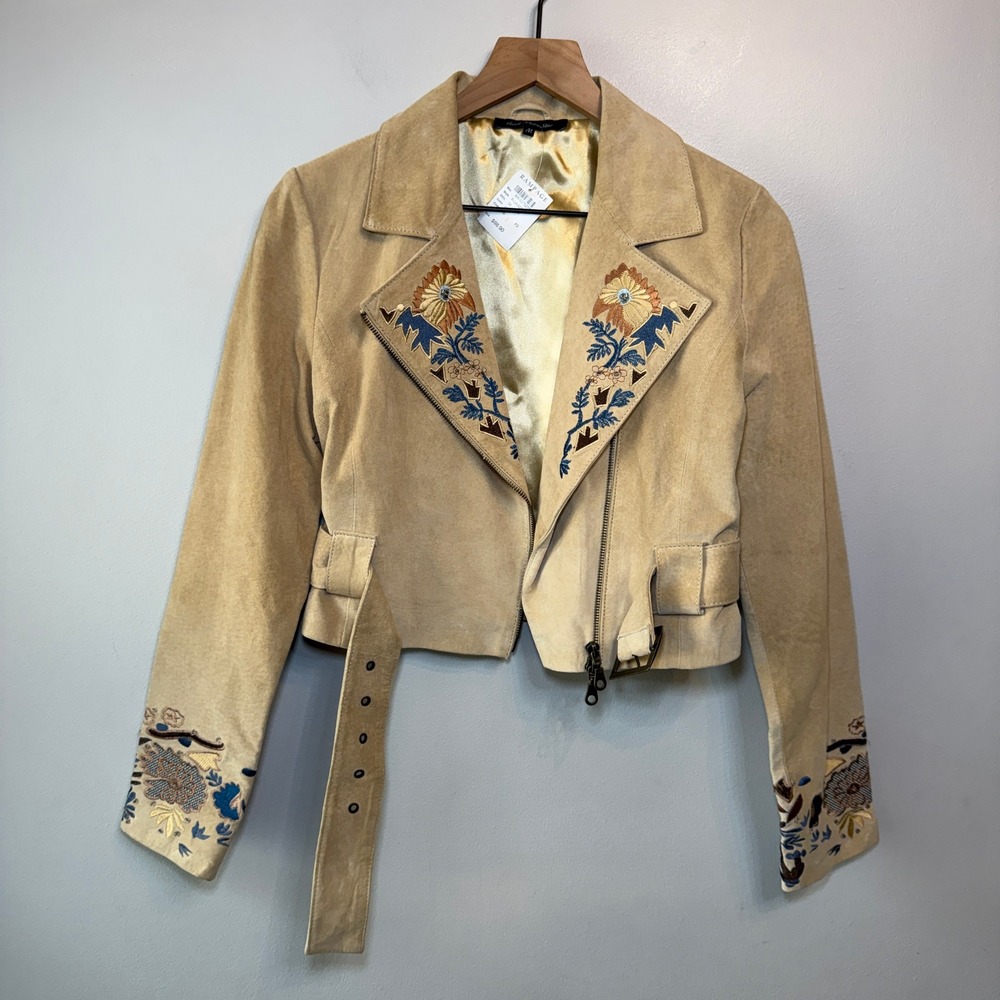 Heart Moon Star Rampage VTG Suede Embroidered Floral Moto Jacket NWT Size Medium